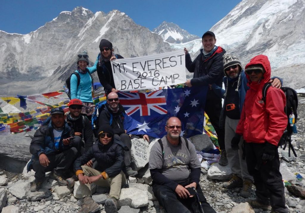Everest Base Camp Trek May 2016. From top left; Kate, Andy, Brett, Rob, Boss 2 (Second Guide), Boss 1 (Lead Guide), Dale, Jeff, Porter, Mike.